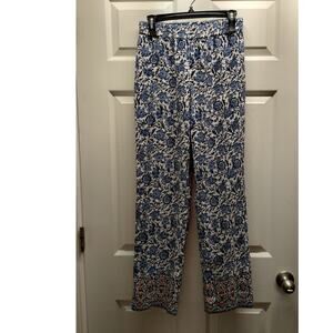 Talbots Size 4 Blue White Paisley Floral Straight Leg Pull-On Elastic Waist Pant